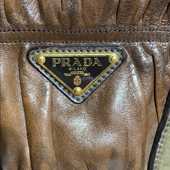 PRADA Nappa Gaufre Brown Leather Ruched Tote Bag - Picture 2 of 9